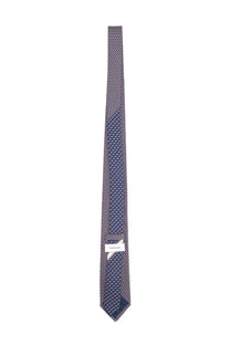 Ferragamo men’s silk tie navy blue with subtle lighter geometric pattern woven texture and branded label at bottom