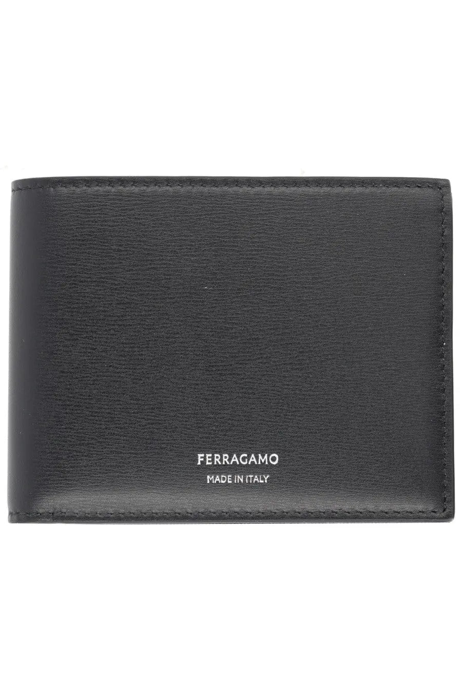 Black leather ferragamo men’s wallet with embossed ferragamo and made in italy branding