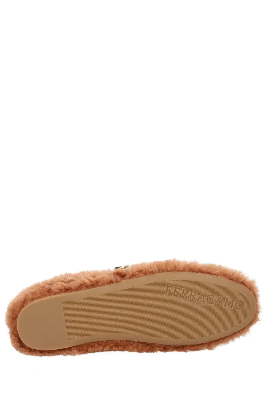 Ferragamo women’s ballerina love ornament beige tan faux fur-lined slip-on mule shoe with tan rubber sole and logo