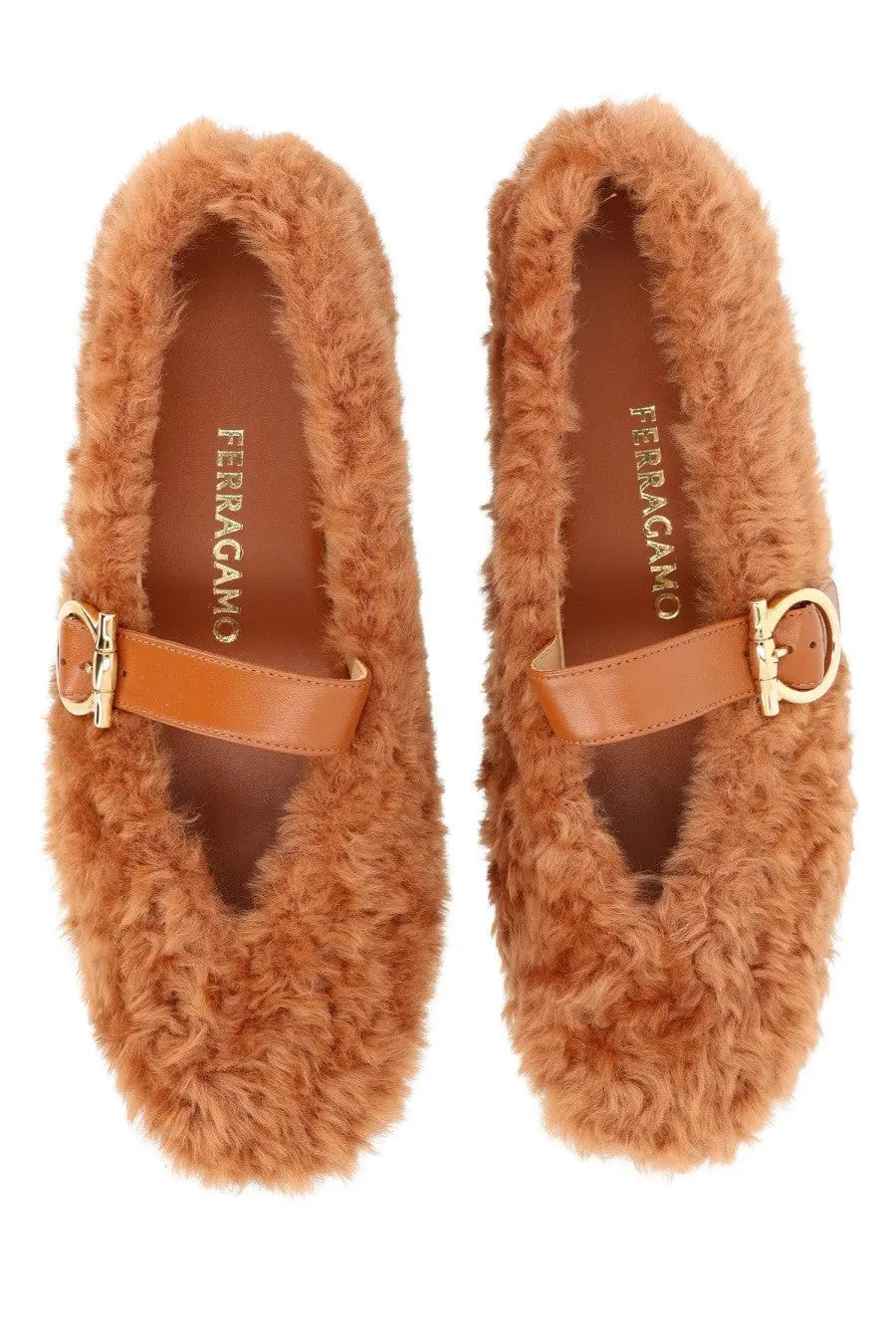 Ferragamo women’s ballerina love ornament beige tan faux fur loafers with gold tone buckle accents
