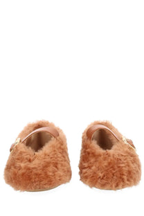 Ferragamo women’s ballerina love ornament beige tan faux fur loafers with plush texture and gold-tone hardware straps