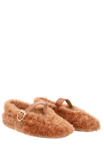 Ferragamo women’s ballerina love ornament beige tan faux fur mary jane flats with tan leather strap and gold-tone buckle