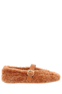 Tan faux fur moccasin with tan leather strap and gold-tone buckle from Ferragamo women ballerina love ornament beige