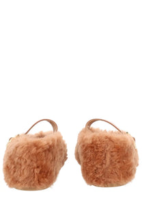 Ferragamo women’s ballerina love ornament beige tan faux fur platform sandals with slender leather straps