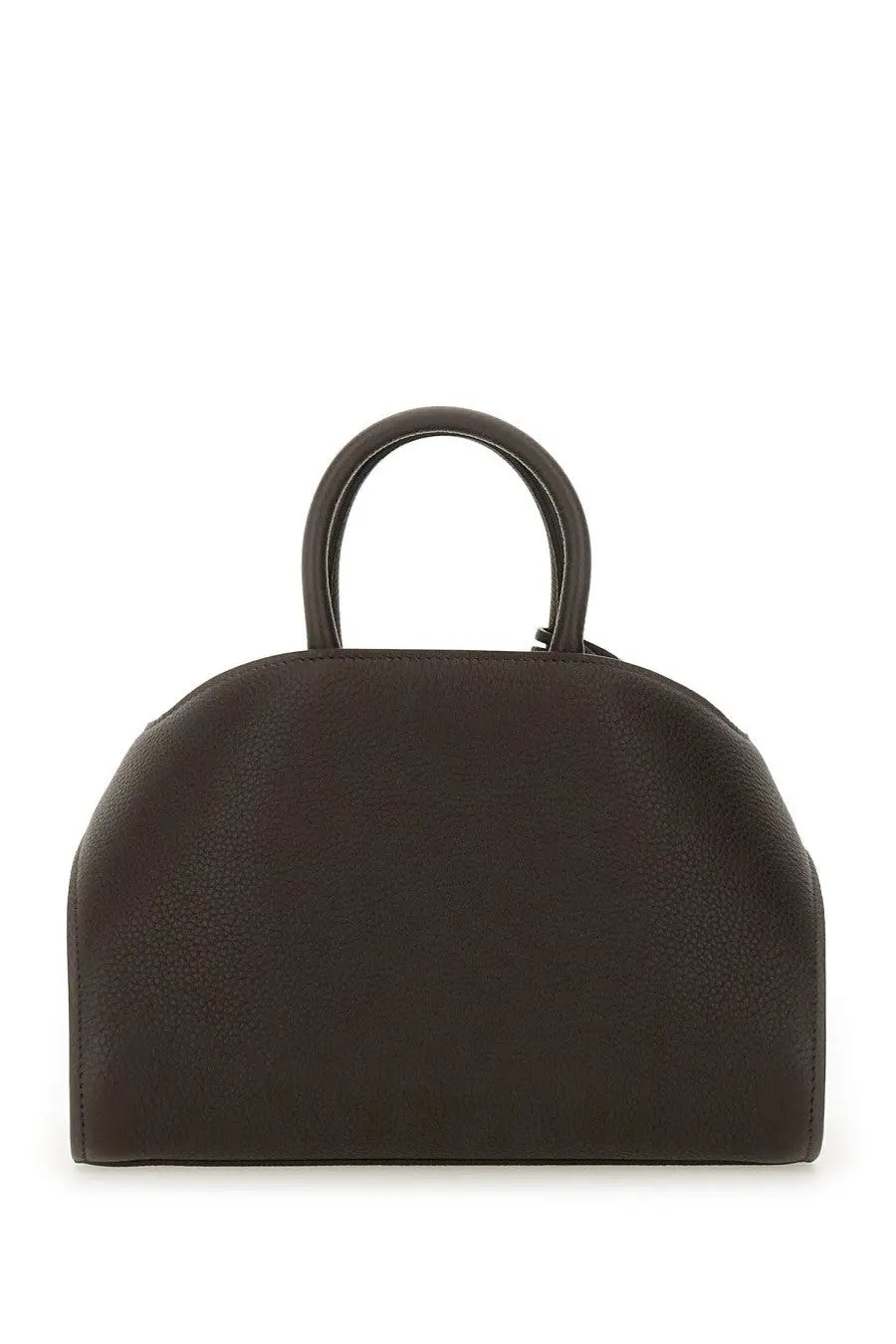 Dark brown leather Ferragamo women’s Borsa Hug handbag with rounded top handle and structured dome shape