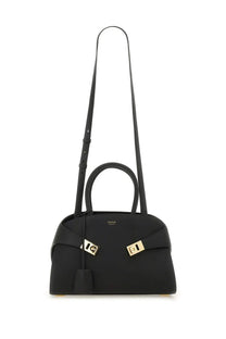 Ferragamo womens borsa tote hug black leather handbag with gold-tone hardware and structured minimalist design