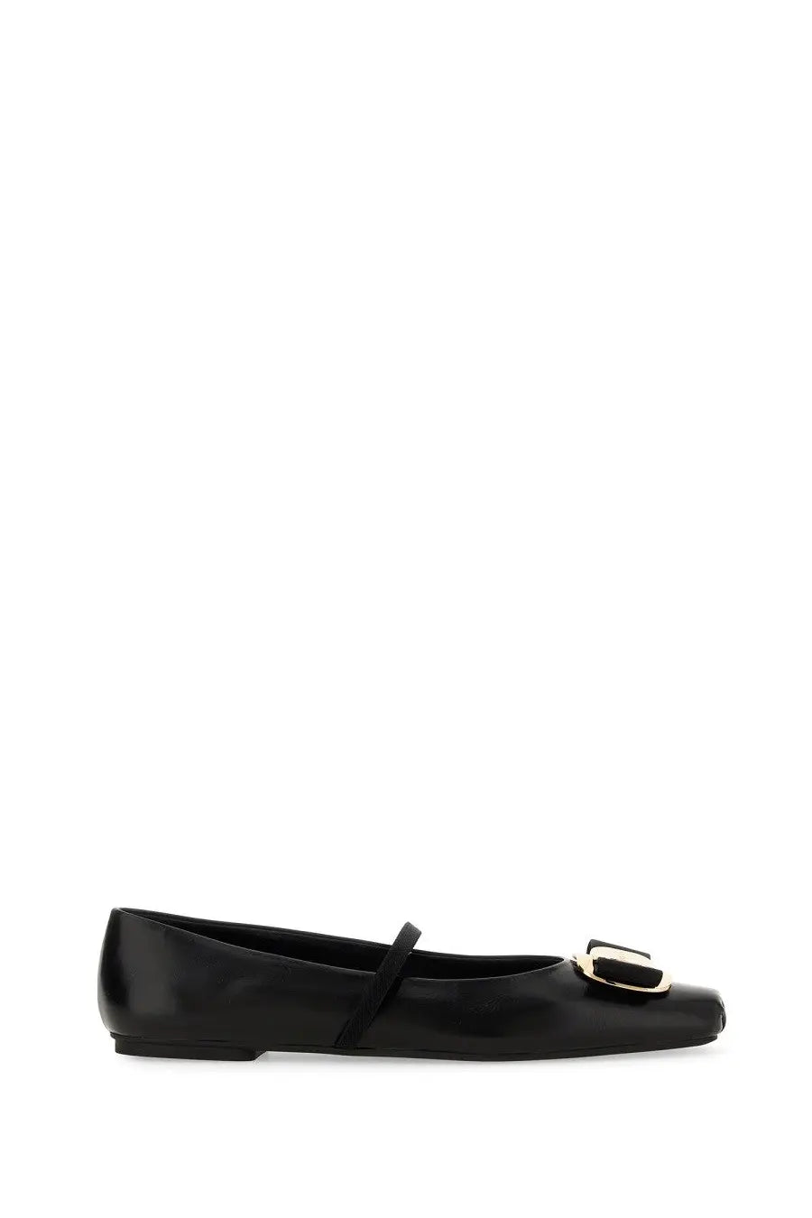 Ferragamo women’s dancer zina black patent leather flat shoe with gold-tone rectangular buckle and instep strap