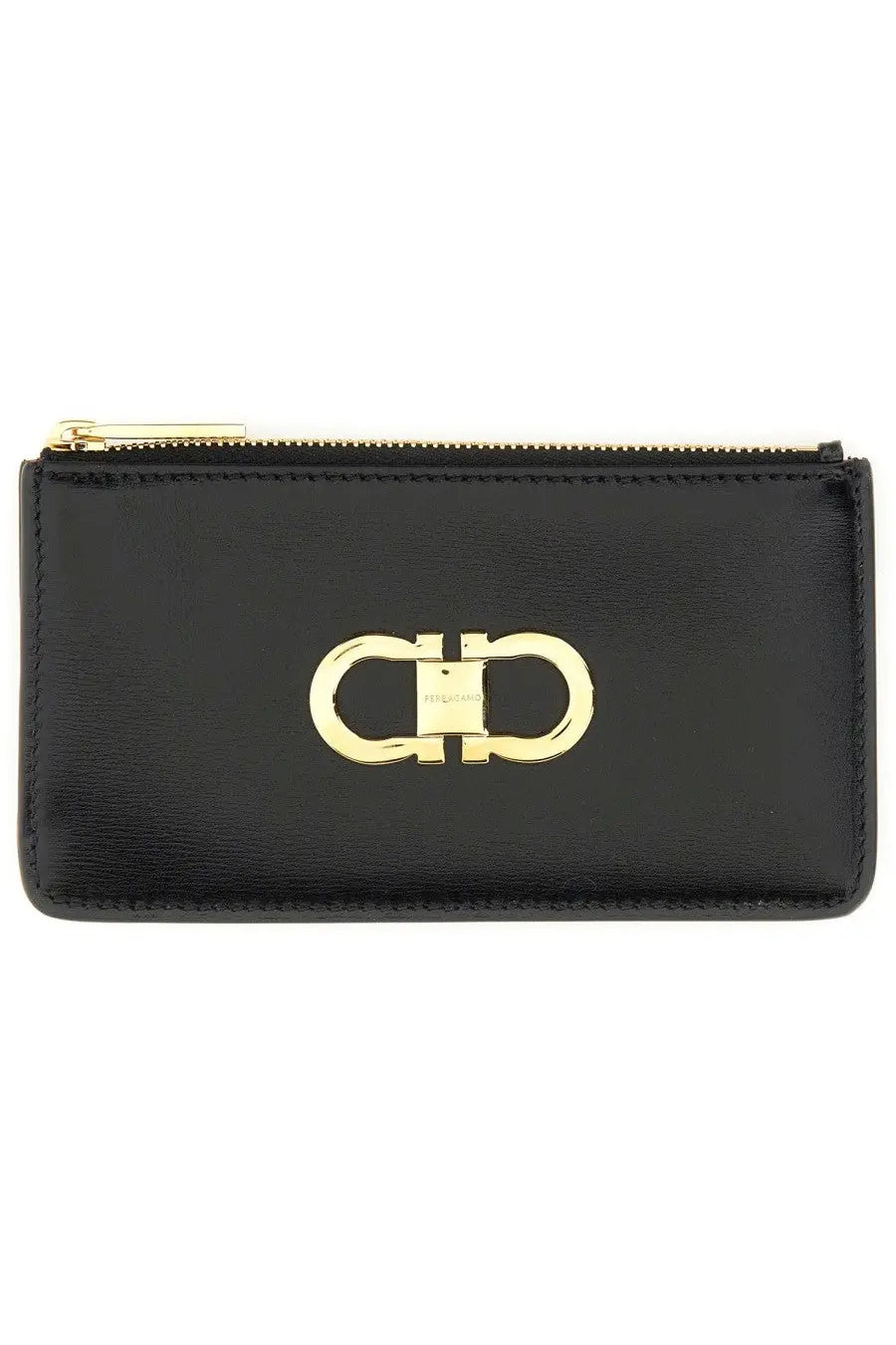 Ferragamo women’s gancini black leather credit card holder with gold-tone double-f logo clasp and zipper closure