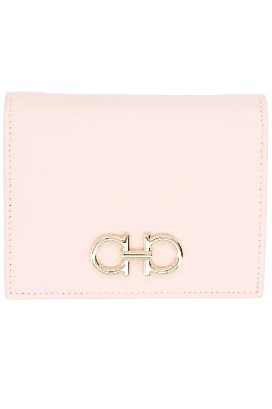 Ferragamo women’s pale pink leather wallet with silver-toned double g buckle clasp for stylish organization