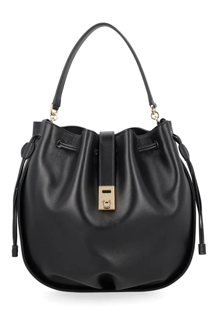 Ferragamo womens Hug bucket bag black leather with gold hardware