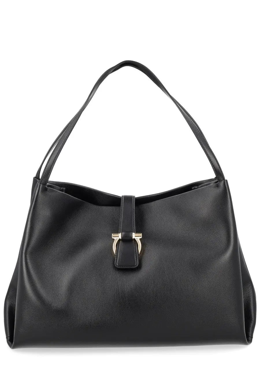 Ferragamo women’s large tote bag black made of leather with gold-tone metal clasp and shoulder strap