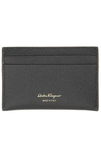 Ferragamo women’s porta carte gancini black leather card holder with textured surface and gold-tone embossed branding