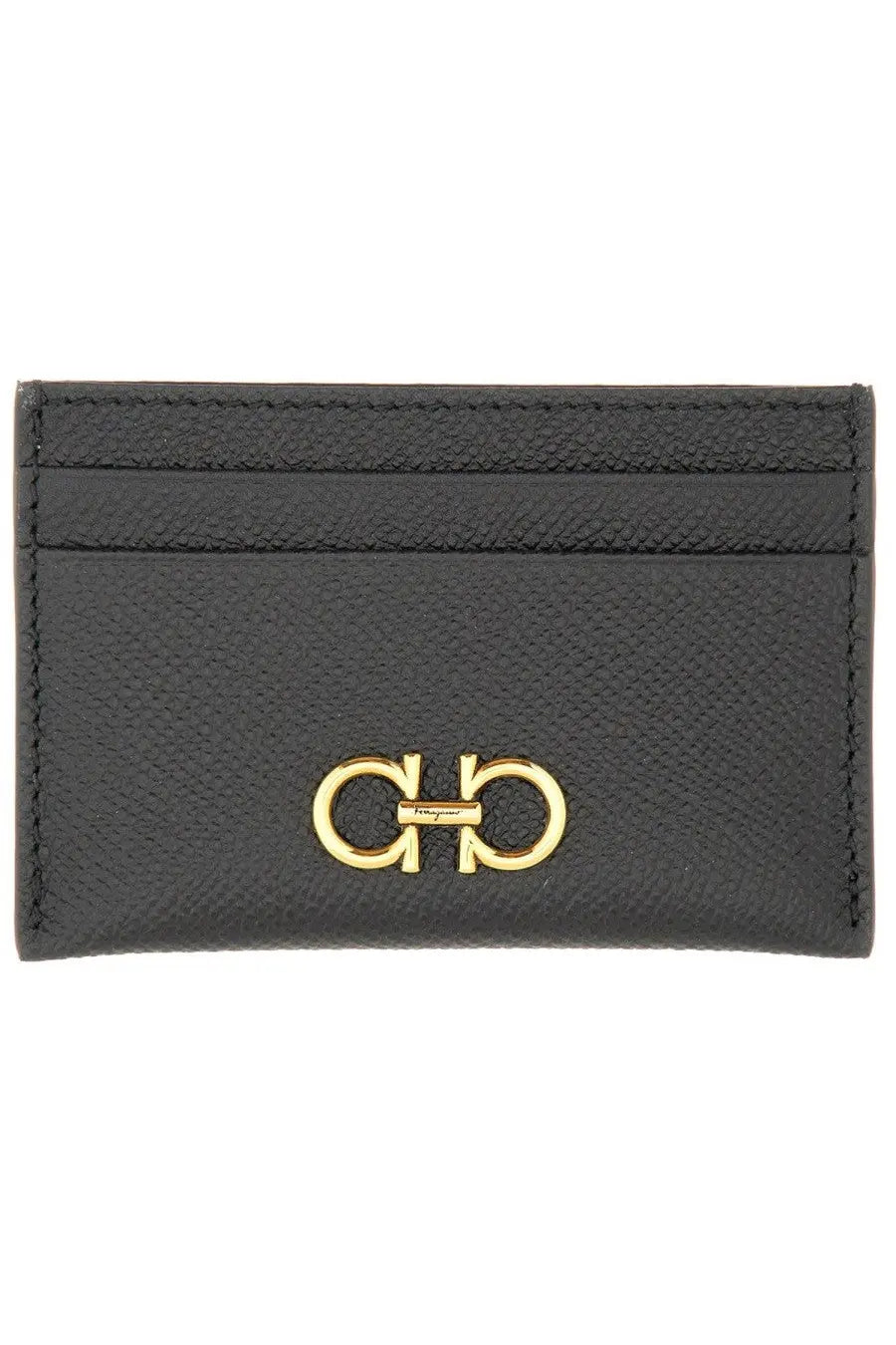 Ferragamo women’s porta carte gancini black leather card holder with gold-tone gancio logo clasp