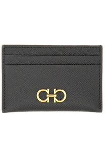 Ferragamo women’s porta carte gancini black leather card holder with gold-tone gancio logo clasp