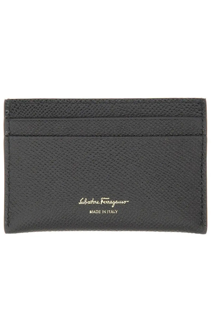 Ferragamo women’s portacarte gancini black leather card holder with textured surface and gold-tone embossed branding