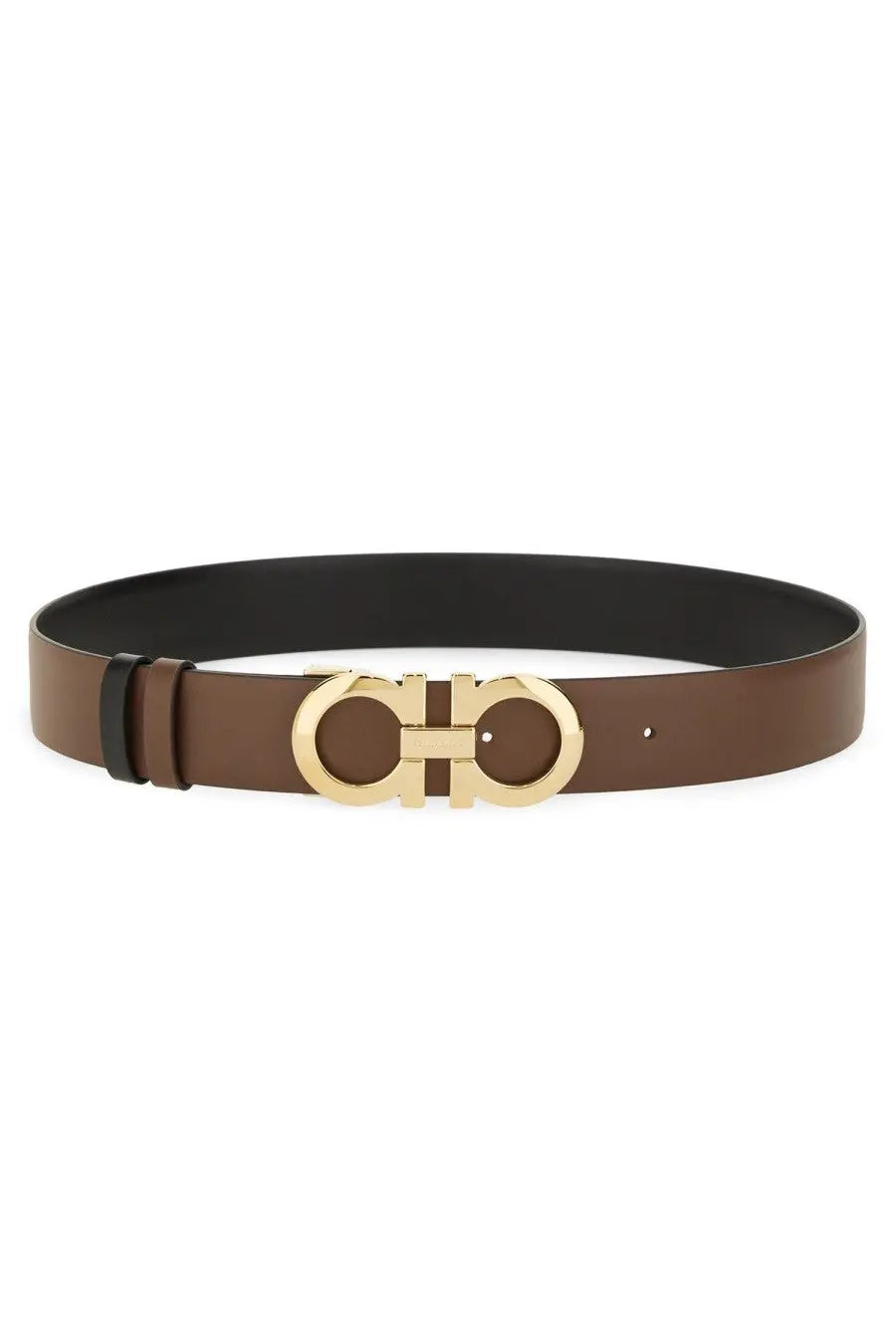 Brown leather ferragamo women’s reversible hooks belt with gold tone double g logo buckle front view