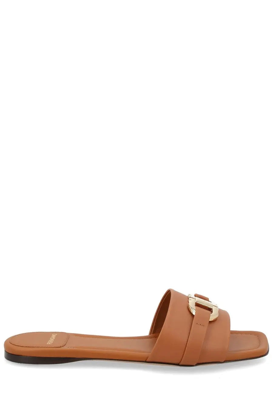 Tan leather slide sandal with gold-tone buckle detail ferragamo women’s slide gancini beige