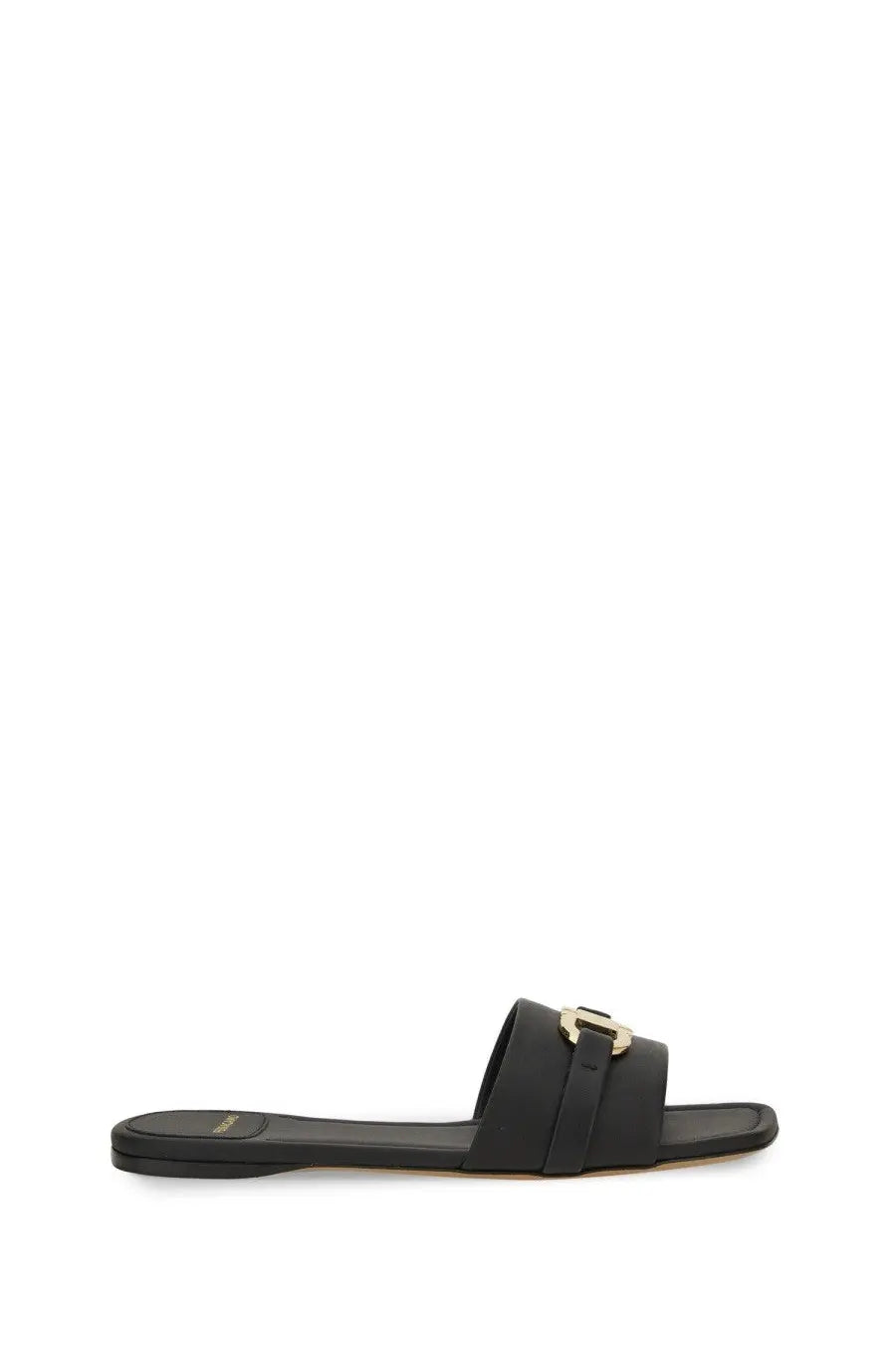 Ferragamo women’s black leather slide sandal with gold tone buckle detail for stylish casual wear