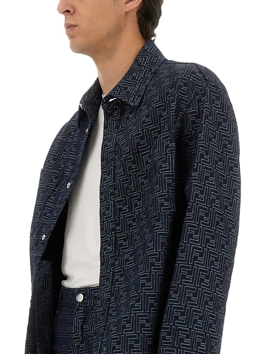 Fendi Men's FF Jacquard Denim Shirt Blue