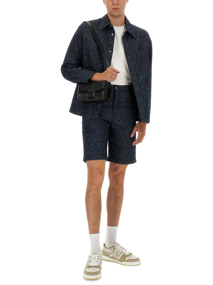 Fendi Men's FF Jacquard Denim Shirt Blue