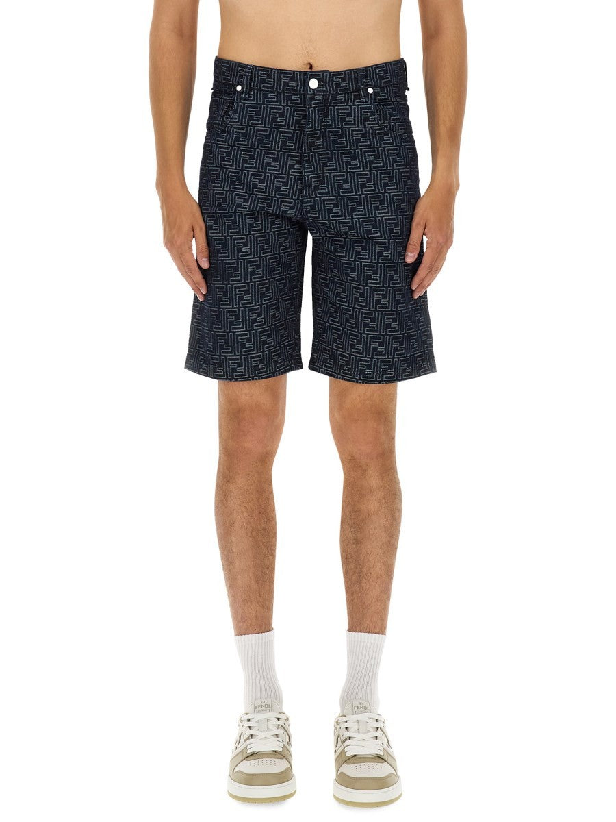 Fendi Men's FF Jacquard Denim Shorts Blue