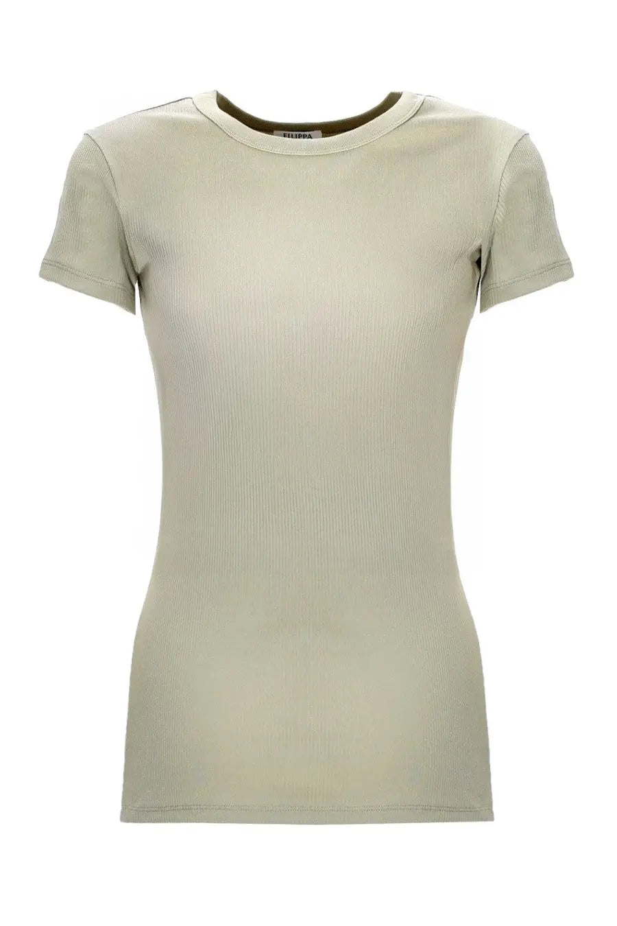 Filippa K women’s fine rib shirt in olive green with short sleeves crew neckline and celldra brand label at collar