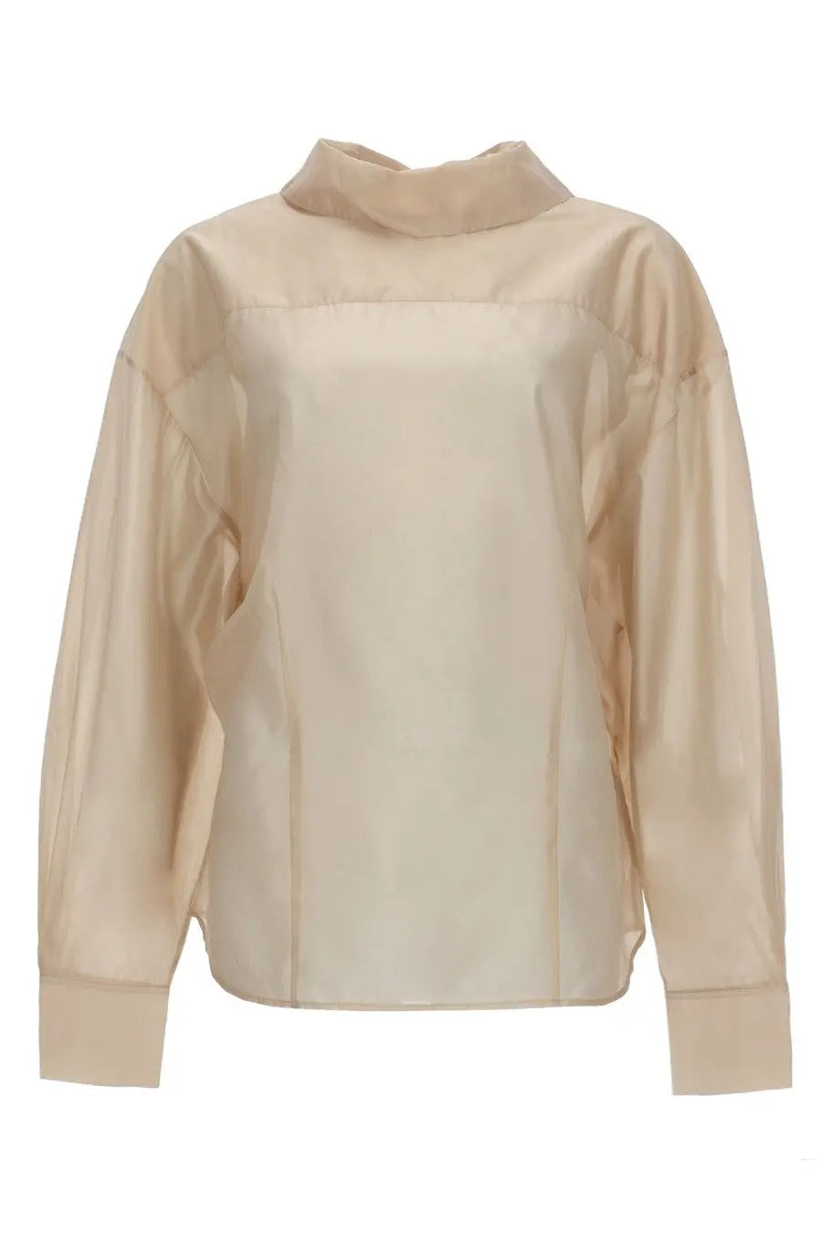 Beige sheer blouse with high collar and puffed sleeves from filippa k womens fold collar blouse white collection