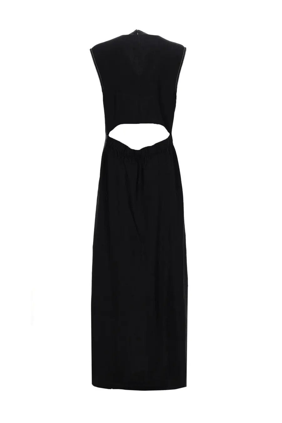 Filippa k women’s long tank dress black sleeveless maxi dress with back cutout and subtle seam stitching visible from back