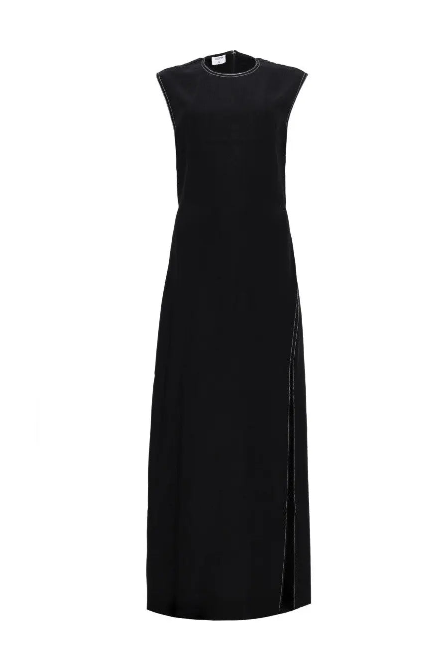 Filippa k women’s long black sleeveless maxi dress with high neckline and subtle side slit in lightweight fabric