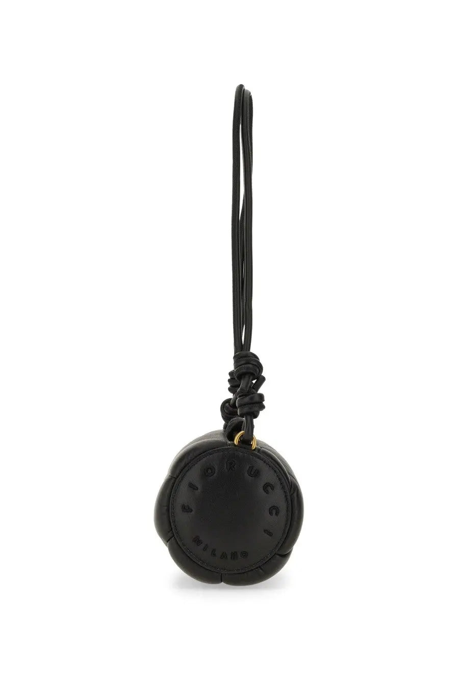 Black quilted leather keychain with a circular pumpkin pendant and braided cord from fiorucci women’s bag mella black