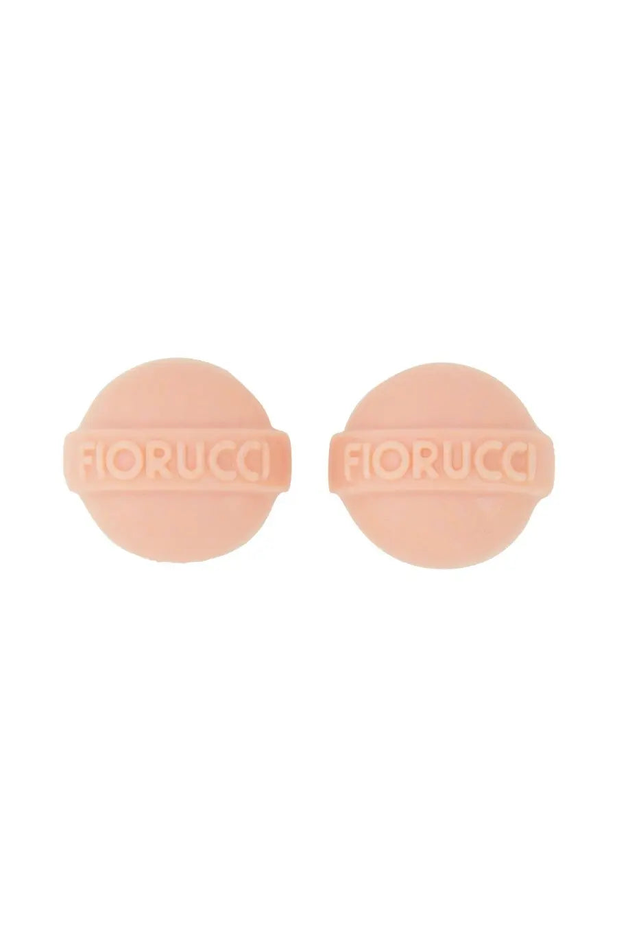 Pair of blush pink circular ear clips embossed with fiorucci branding for women’s lollipop earrings blue collection