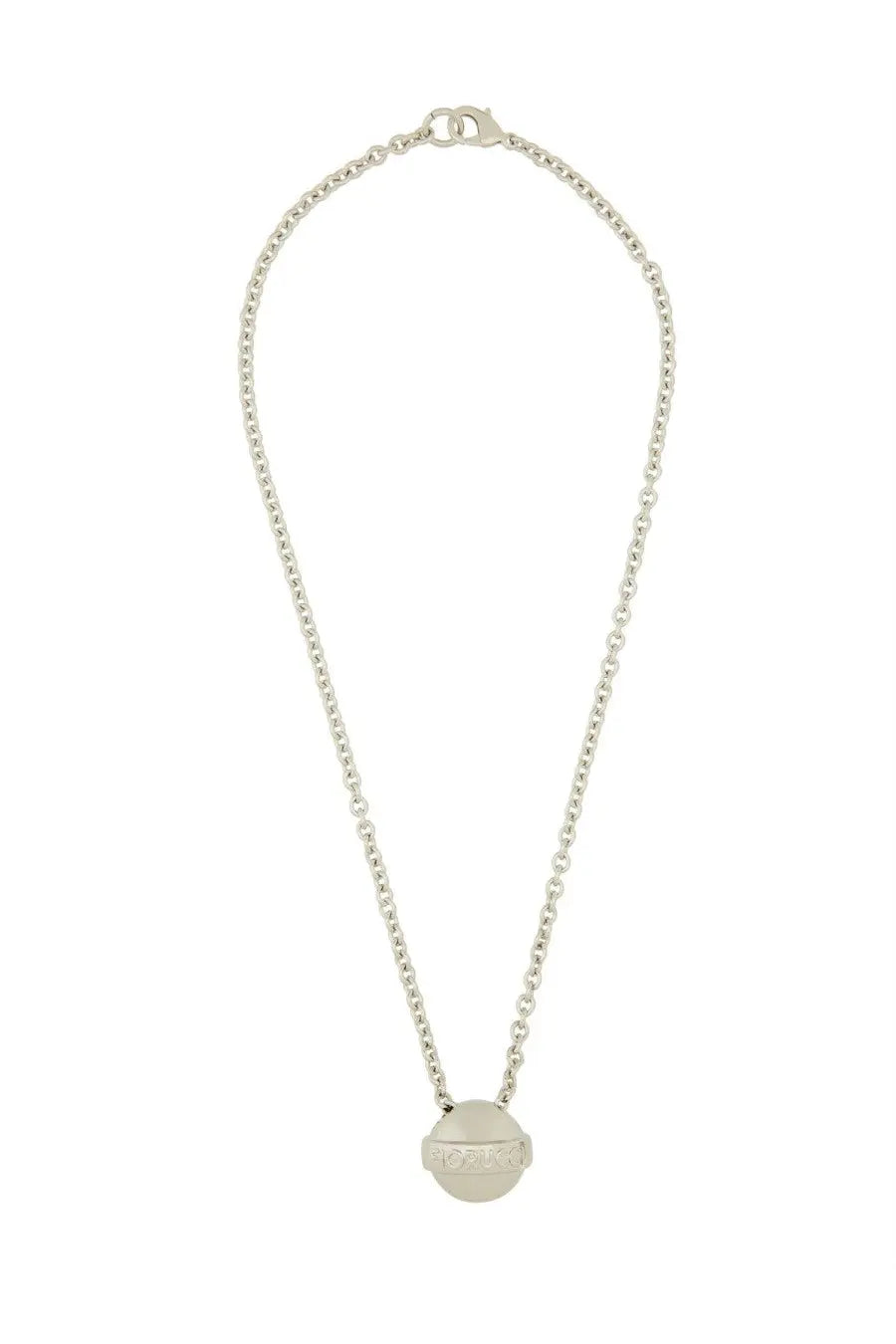 Fiorucci women’s lollipop silver necklace with a round flat pendant engraved with the word love on a silver chain
