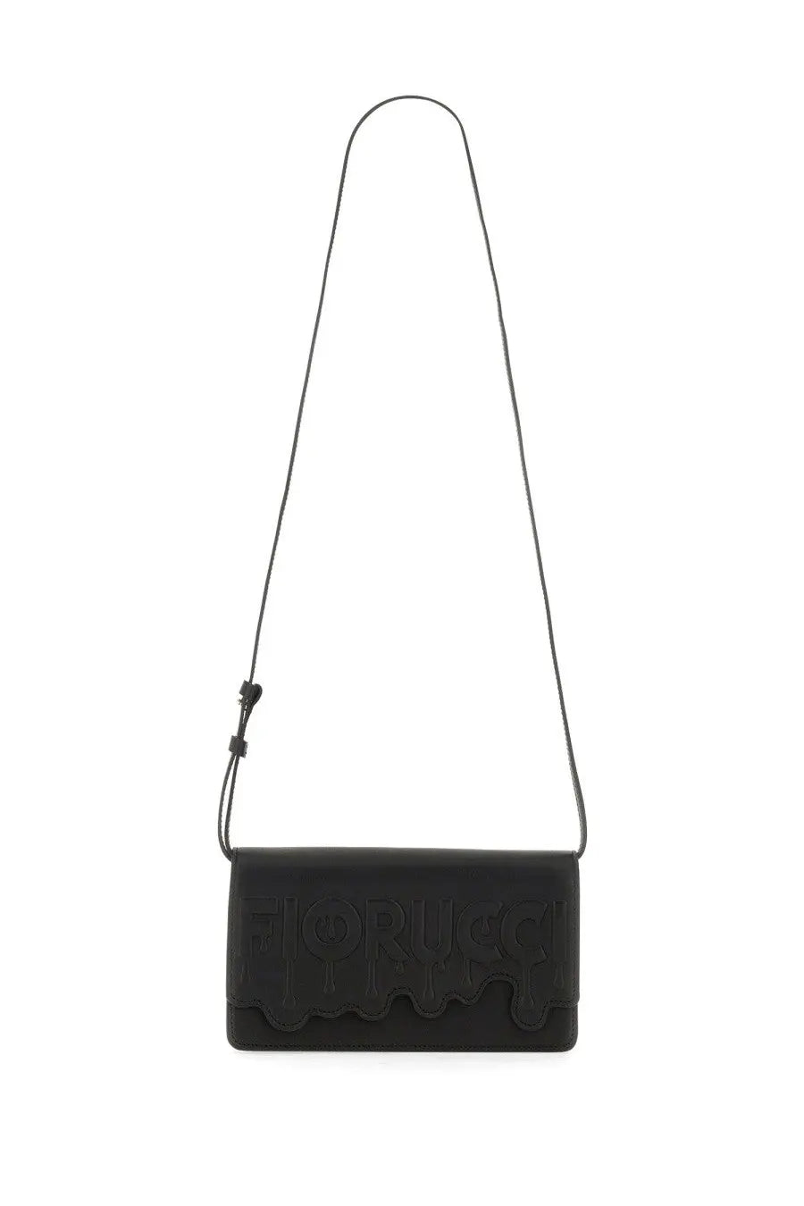 Black leather crossbody bag with embossed fiorucci logo in dripping design for women shoulder use