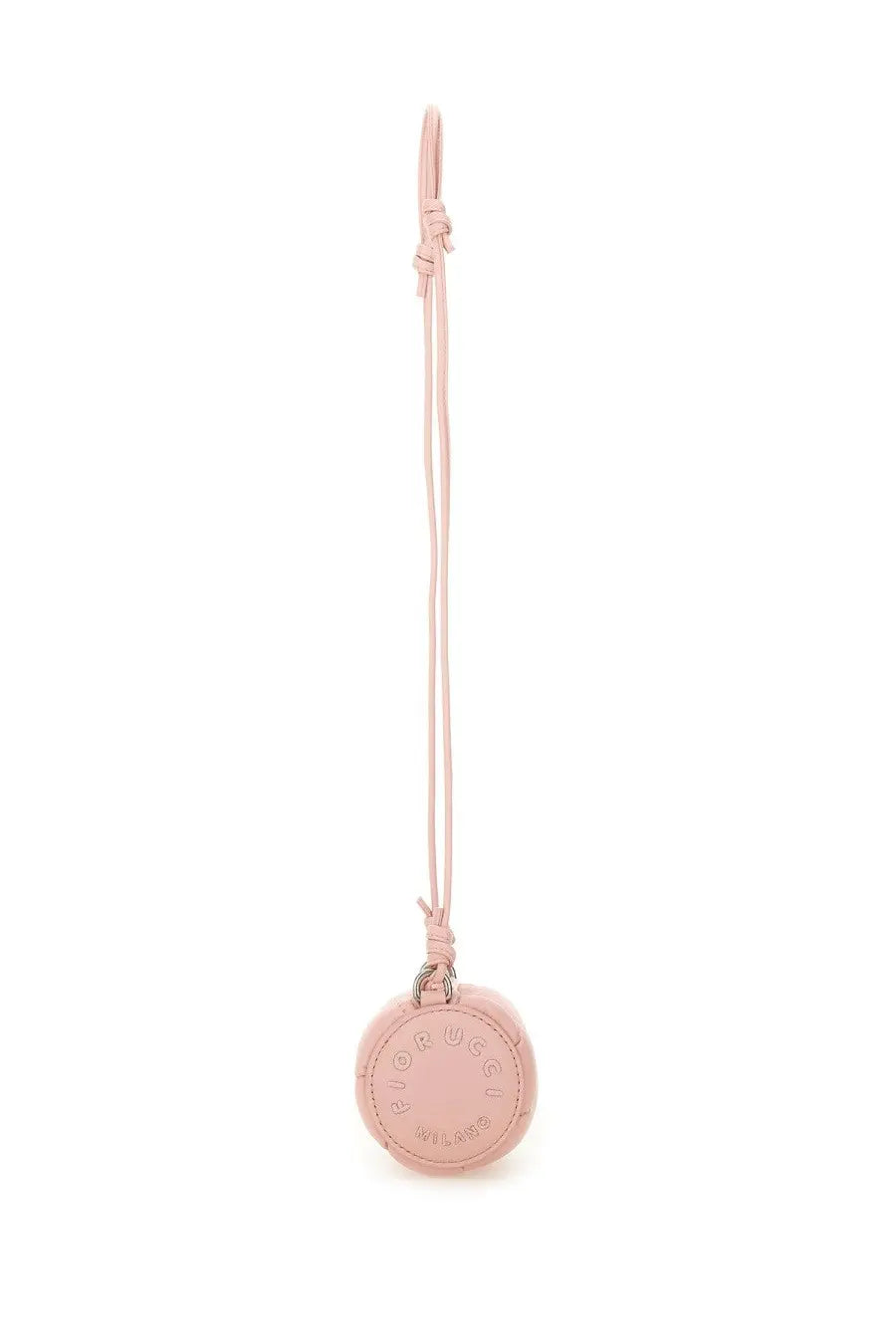 A delicate pink leather circular pendant with embossed branding and matching cord for fiorucci women’s micro mella bag blue