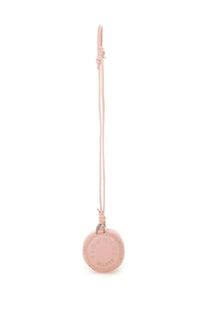 A delicate pink leather circular pendant with embossed branding and matching cord for fiorucci women’s micro mella bag blue