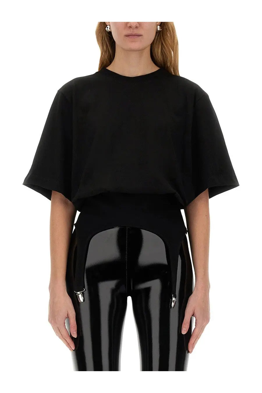 Fiorucci women’s black oversized short sleeved shirt with relaxed fit and gathered hem detailing