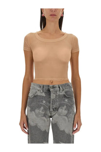 Fiorucci women’s beige sheer mesh crop top with short sleeves and rounded neckline made of tulle material