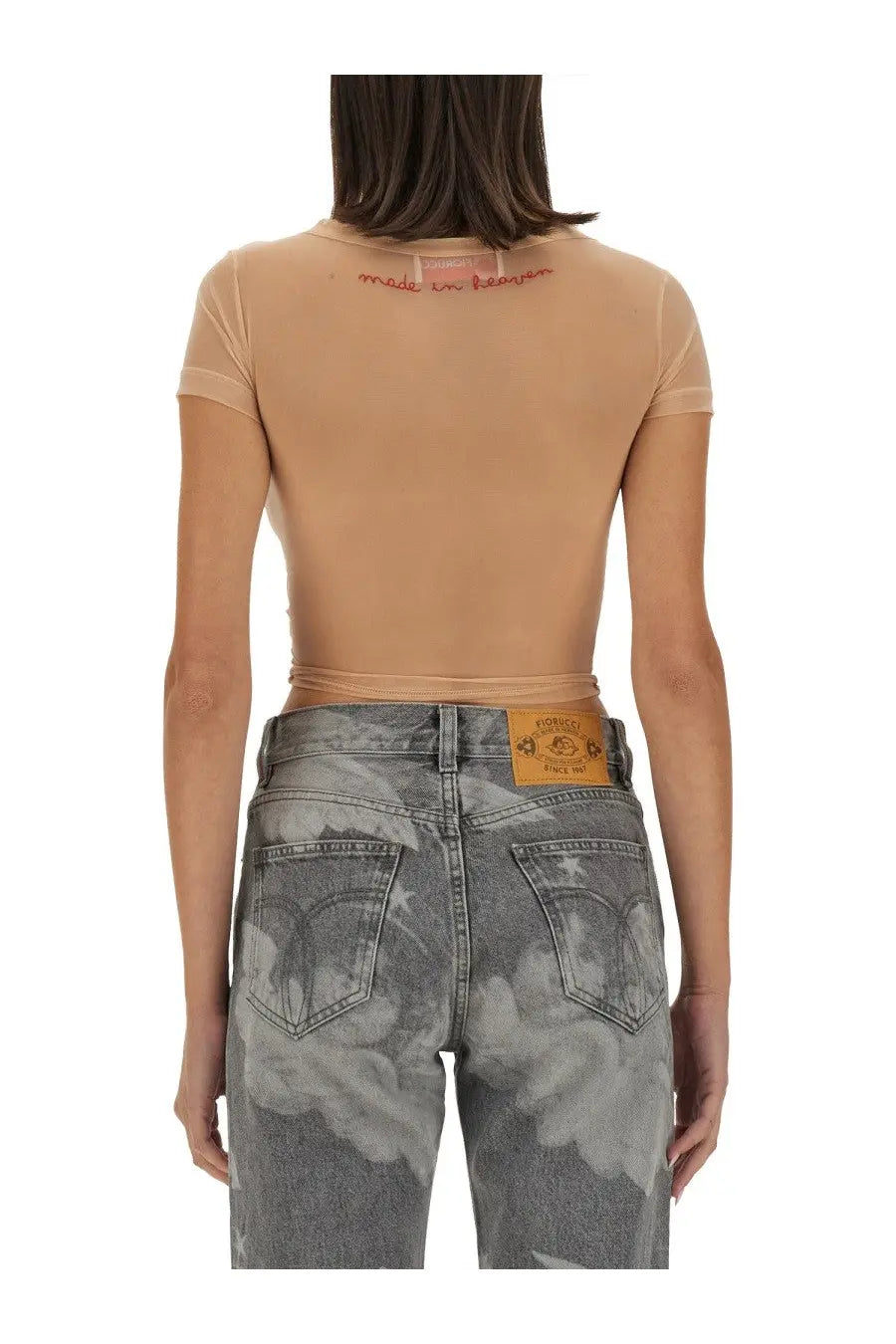 Back view of fiorucci women’s beige sheer short-sleeved tulle top with red made in bengal embroidery