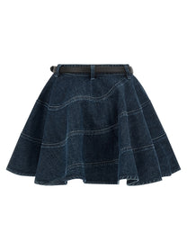 self-portrait Flared Denim Mini Skirt Blue