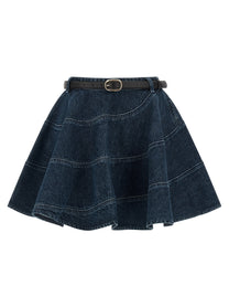 self-portrait Flared Denim Mini Skirt Blue