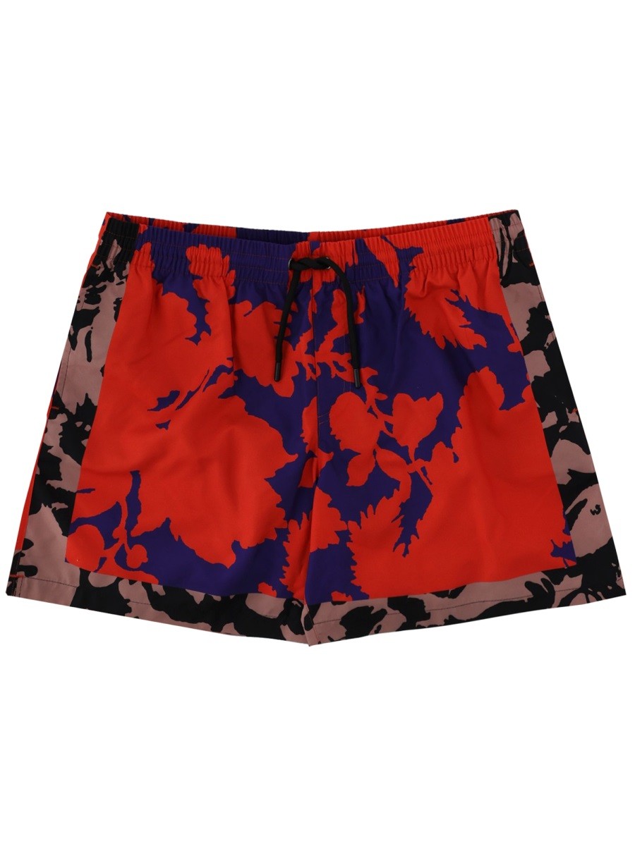 Dries Van Noten Men's Floral Print Swimsuit Red