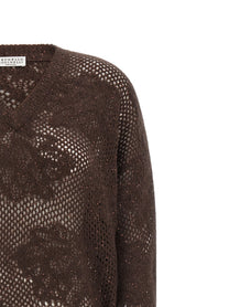 Brunello Cucinelli Flower Lace Sweater Brown, view 3