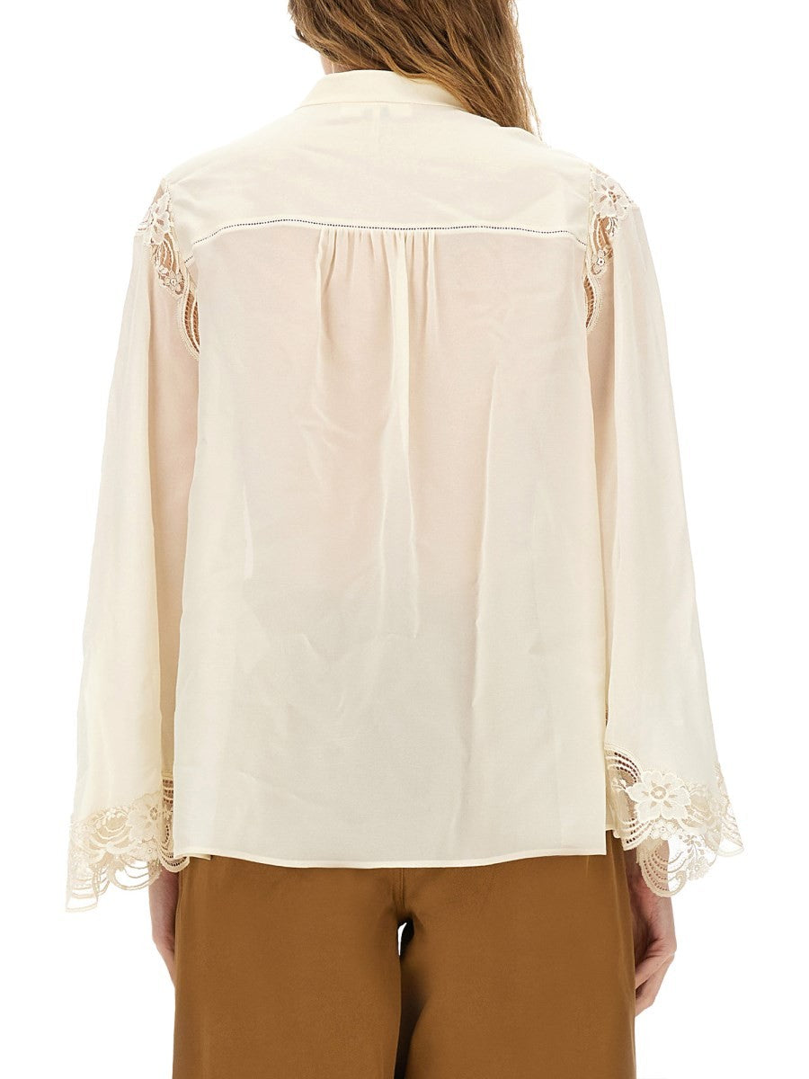 Chloé Women's Fluid Silk Georgette and Lace Blouse White