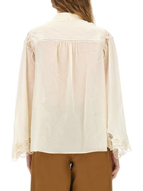 Chloé Women's Fluid Silk Georgette and Lace Blouse White