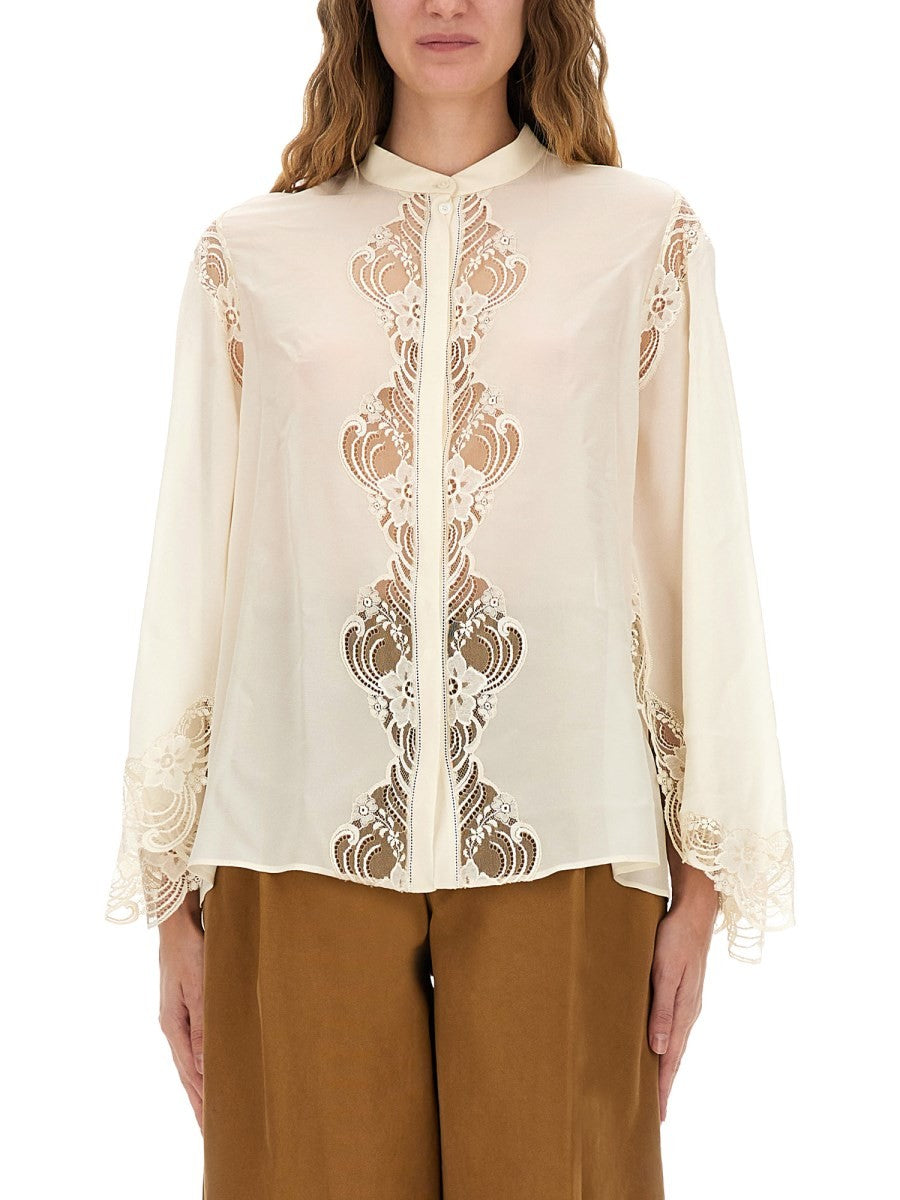 Chloé Women's Fluid Silk Georgette and Lace Blouse White