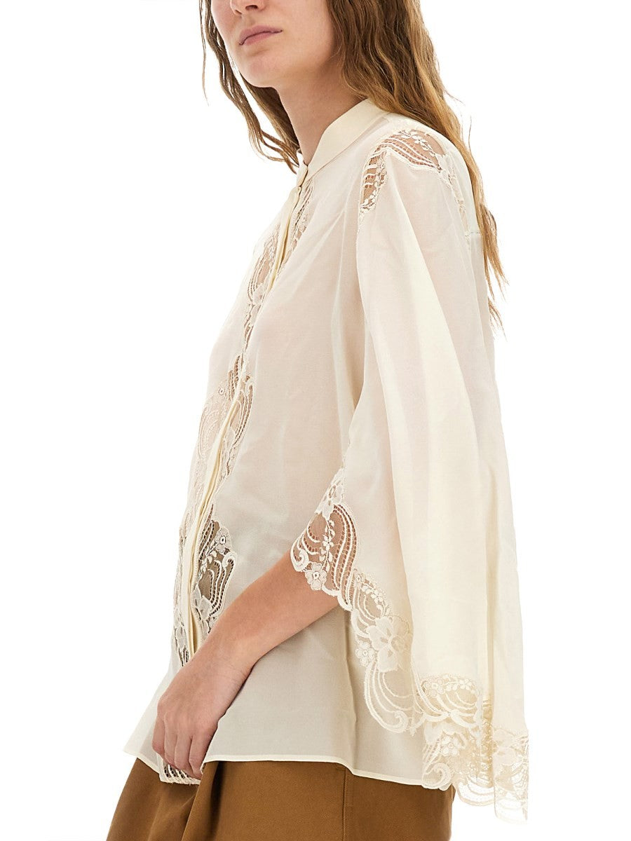 Chloé Women's Fluid Silk Georgette and Lace Blouse White