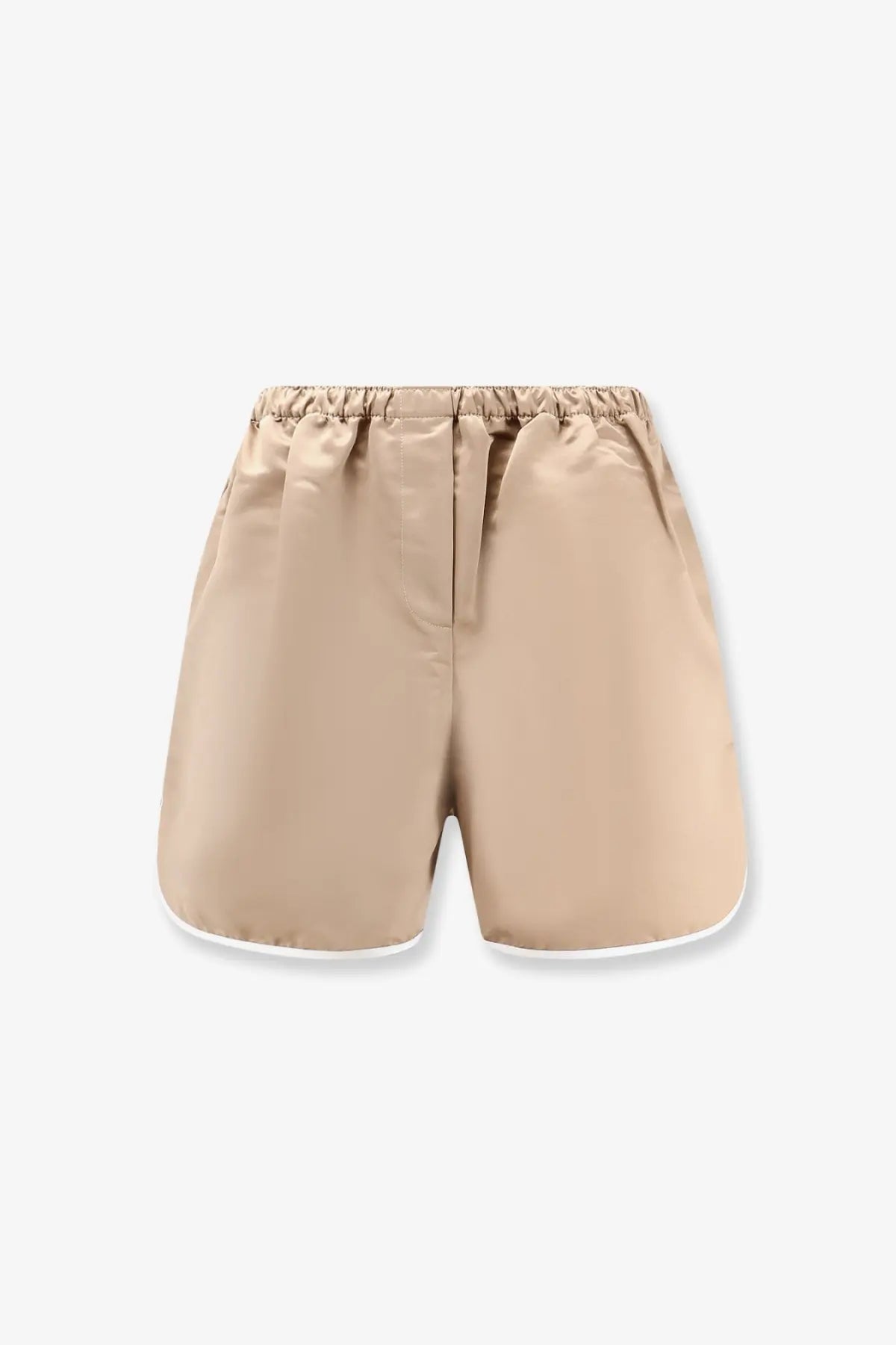 Beige satin boxer shorts for women by the frankie shop with a stretchy elastic waistband and white trim hem