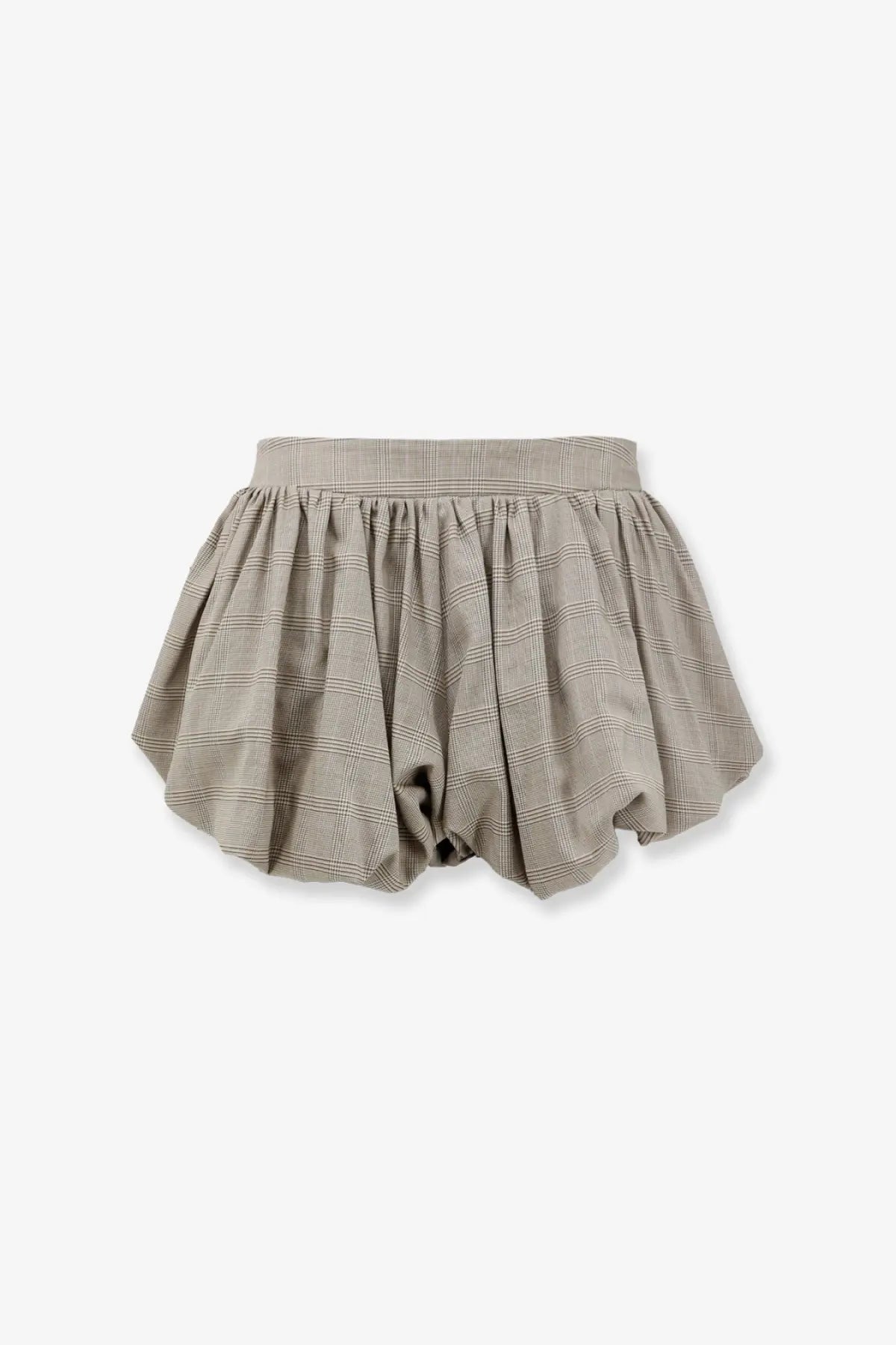 The frankie shop women’s alina wool blend bubble shorts beige with a soft light gray plaid skirt style and gathered waistband