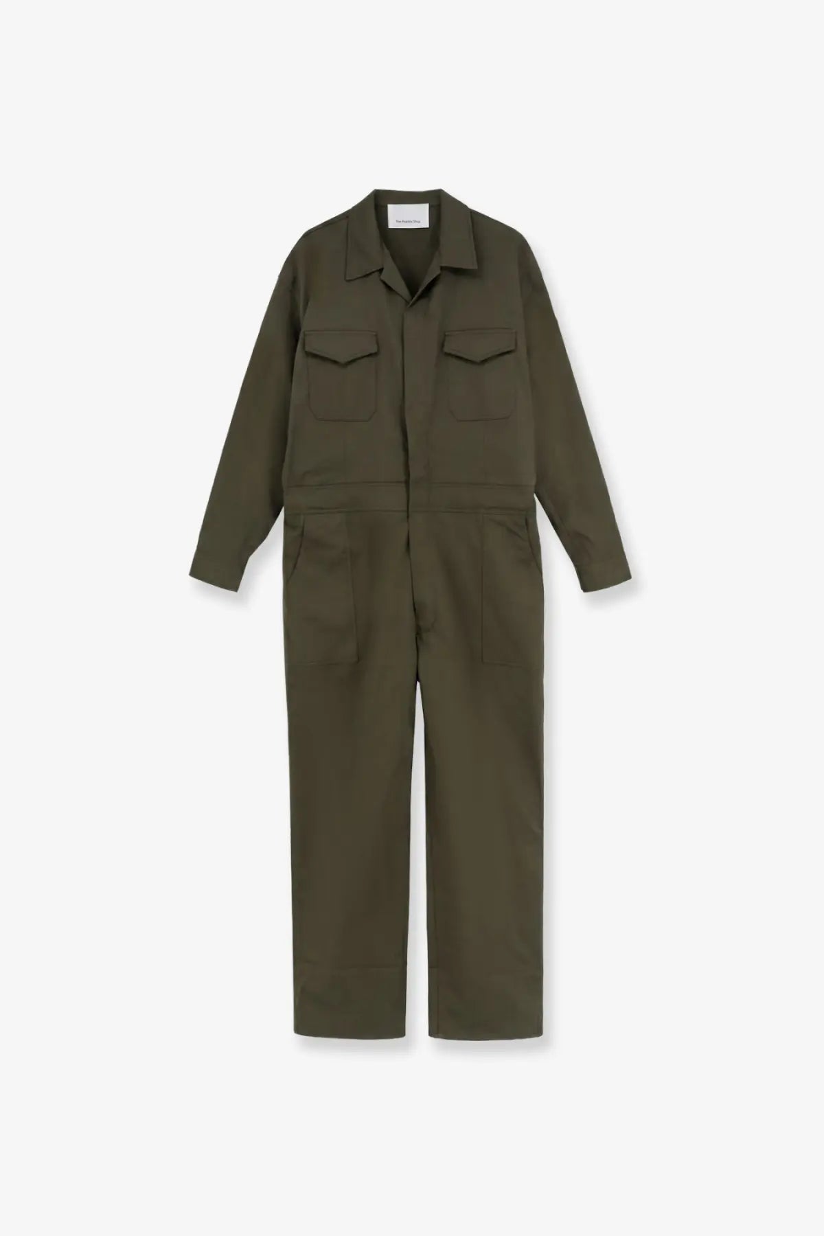 The Frankie Shop women’s Ardea olive green cotton utility jumpsuit with collar chest pockets and long sleeves