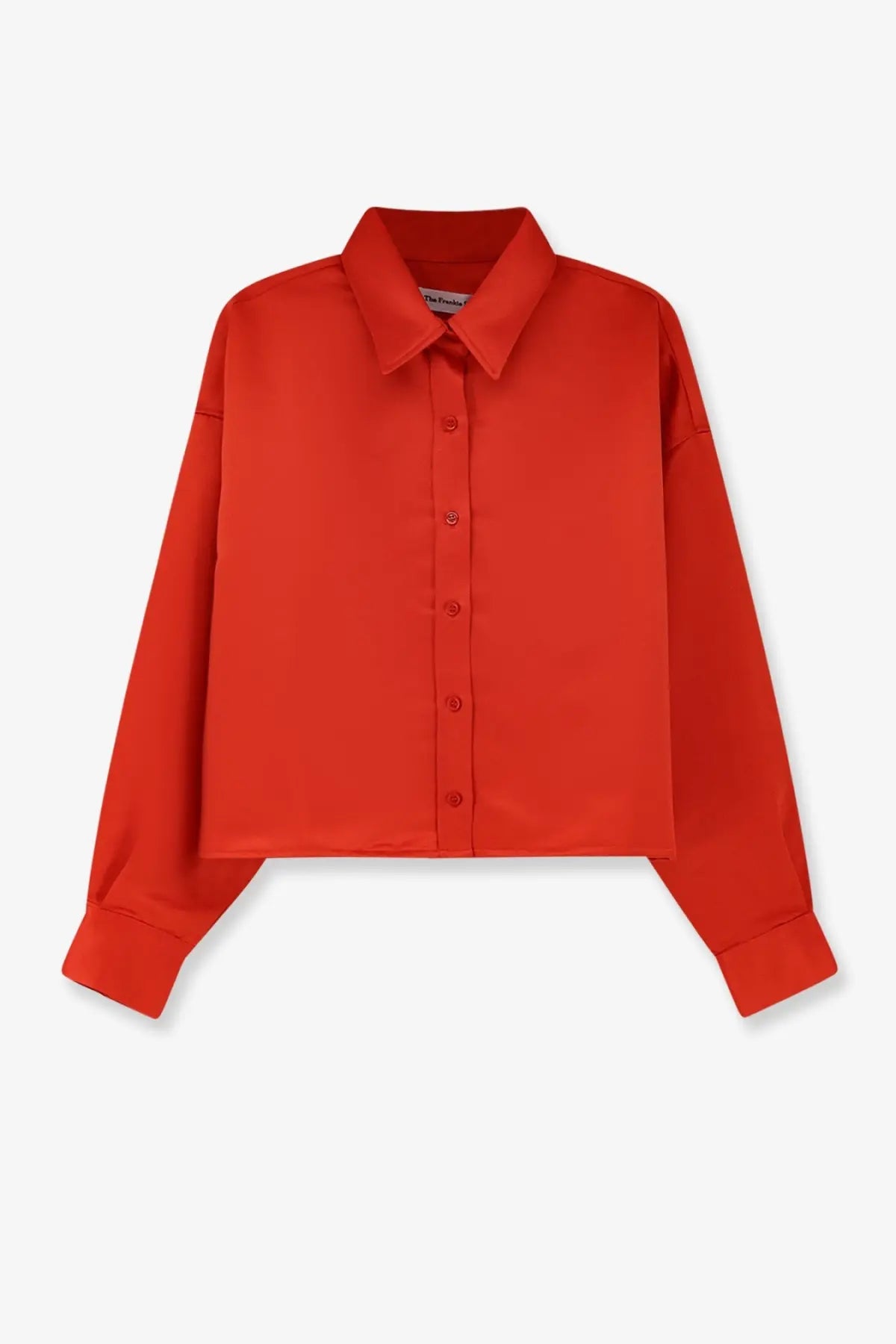 The Frankie Shop women’s Arlen satin boxy shirt is a vibrant red long-sleeved button-up with classic collar and cuffs